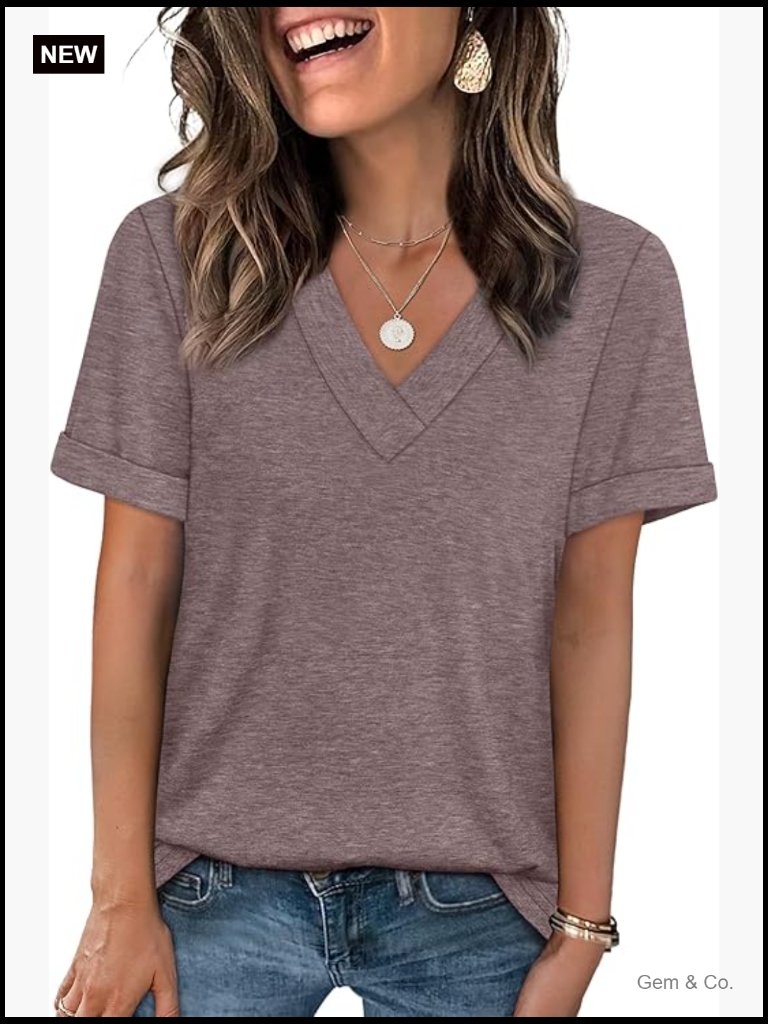 Basic V Neck Short Sleeve Tee Soft Stretch T-Shirt Summer Top